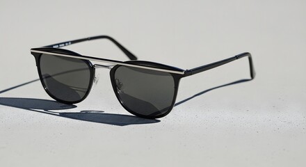 Modern Black Sunglasses with Silver Brow Bar on Light Surface, Minimalist Style