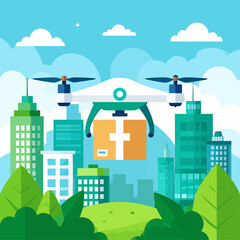 Obraz premium A delivery drone flies with a cardboard package over a modern green city skyline with skyscrapers and trees.