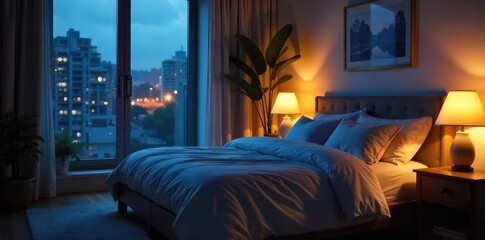A cozy bedroom scene at night, featuring soft lighting, plush bedding, and a calm atmosphere, ideal for relaxation and peaceful sleep ,  tranquility,  blanket