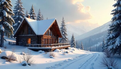 Rustic hunting lodge nestled in a snowy woodland, complete with large windows offering stunning views of the winter landscape , pine, cabin