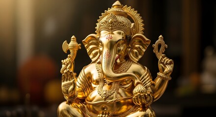 Fototapeta premium Ornate Golden Ganesha Idol, Hindu God of Wisdom and Prosperity