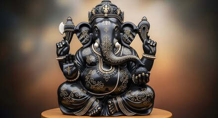 Fototapeta premium Ganesha Statue: Black and Gold Hindu Deity Symbolizing Wisdom, Prosperity, and Good Fortune