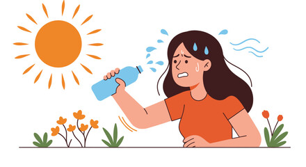 Hot Weather Vector Illustration – Flat Design Cartoon of Sweating Girl Drinking Water Under the Sun