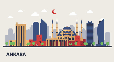 Ankara City Skyline Vector – Flat Design Illustration of Modern Landmarks in Turkey