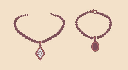 vektor flat design solid color drawing of a necklace with a pendant hand drawn linear illustration of a jewelry isolated jewelry accessories
