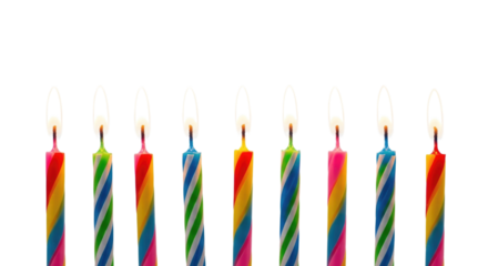 Colorful birthday candles arranged in a row with flickering flames cutout isolated on transparent bg, png