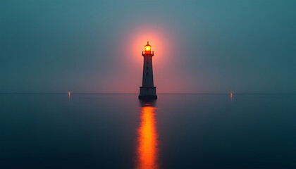 Solitary lighthouse beam cuts through the misty twilight sea