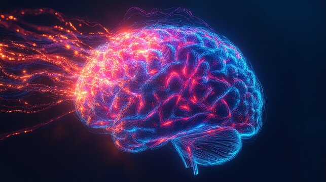 Abstract glowing brain with vibrant energy streams flowing from it, set against a dark blue background.