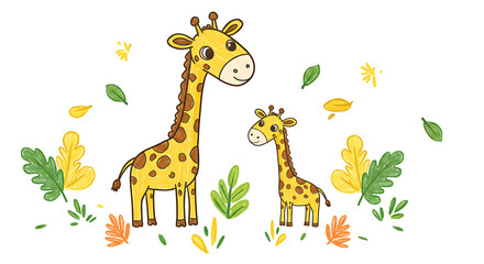 Fototapeta premium Kid doodle of giraffes, leaves, crayon color, white background