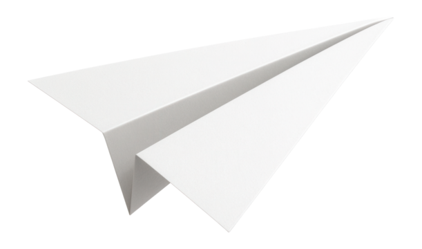 Simple white paper airplane with sharp edges and clean lines on transparent background.