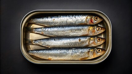 Four Sardines in a Tin Can on a Dark Background fish seafood