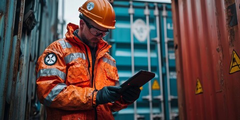 Obraz premium Customs officer using tablet and inspecting cargo containers at a port