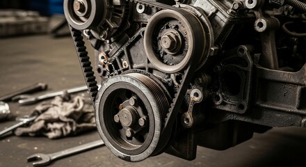 Fototapeta premium Close-up of a Greasy Car Engine with Belts and Pulleys in a Repair Shop
