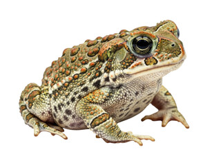 Fototapeta premium Close-up view of a vibrant toad sitting on ground with detailed skin texture in natural setting, cutout isolated on transparent bg, png