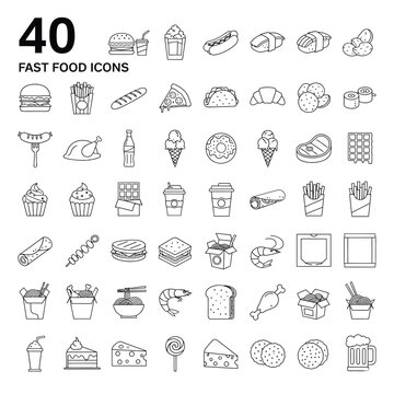 A clean and minimal line-art style vector illustration featuring a grid of 40 fast food icons in simple black outlines on a white background. This versatile icon pack includes a wide range of popular 