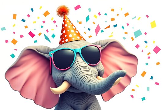 Cartoon elephant with party hat isolated on white background