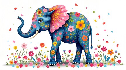 Fototapeta premium Cute blue elephant with colorful flowers isolated on white background