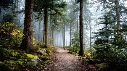 Obraz premium Foggy pine forest trail with rocks and moss on autumn morning
