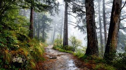 Obraz premium Digital forest painting with pine trees and mist along wooded path
