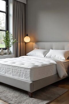 A plush, supportive mattress sits neatly on a modern bed frame, ready for a comfortable night's sleep The crisp white bedding adds to the inviting aesthetic , bed, peaceful, bedroom furniture