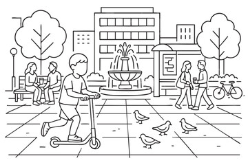 Boy riding scooter in city square with fountain birds and people. Vector illustration © Nenana