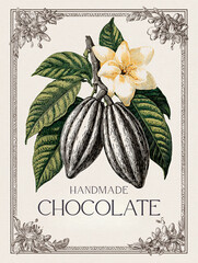 Handmade chocolate poster with vintage cocoa pod, flower, and leaves illustration