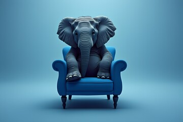 An elephant is sitting on a blue chair in a studio