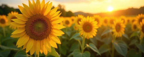 Golden hour sunlight bathes a field of ripe sunflowers, heavy with seeds, swaying gently in the warm summer breeze A perfect image for harvest, abundance, and summer joy , heavy, harvest, petals