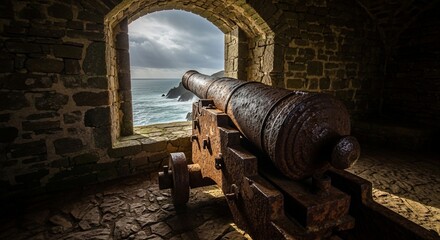 Coastal Defense: Old Cannon in Stone Fort Overlooking Ocean Cliffs and Cloudy Sky