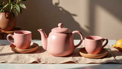Fototapeta premium Guava color ceramic teapot with matching cups on wooden saucers, minimal cozy tea setup with soft sunlight and natural tones