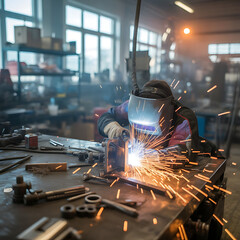 A close-up, cinematic view of a metal worker welding a metal object in a workshop, surrounded by tools and sparks flying.