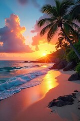 Serene Hawaiian beach scene at sunset, featuring vibrant colors, calm ocean waves, and lush tropical foliage Perfect for travel, vacation, and relaxation themes , tropical paradise, ocean
