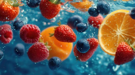Mixed Berries and Orange Slices Underwater