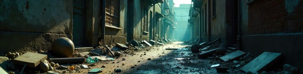 A shadowed, deserted alleyway littered with broken glass and discarded objects, suggesting a recent violent crime scene ,  insecurity,  graffiti,  shadows