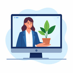 Smiling woman on a computer screen presenting a potted plant, demonstrating care.