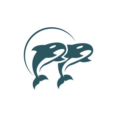 Dynamic emblem of two jumping killer whales. Stylized orca marine wildlife vector logo.