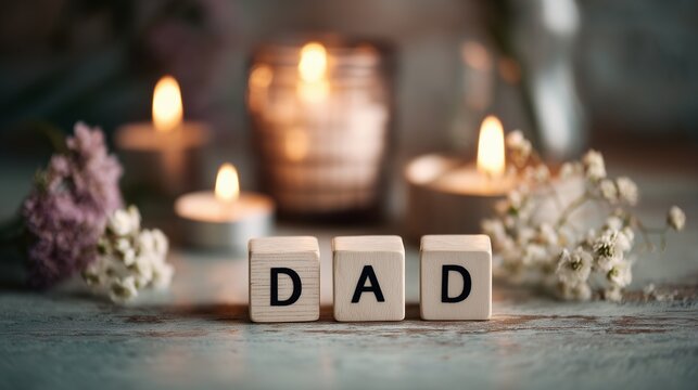 Minimalist "DAD" Wooden Block Design with Candles & Floral Blur | Copy Space Card Banner for Father's Day in K8/s250 Contemporary Style