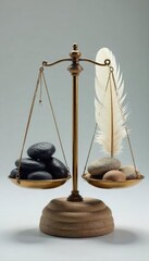 A perfectly balanced scale, one side laden with dark, heavy rocks, the other with light, airy feathers; a visual metaphor for equilibrium amidst opposing forces , opposites, harmony, concept