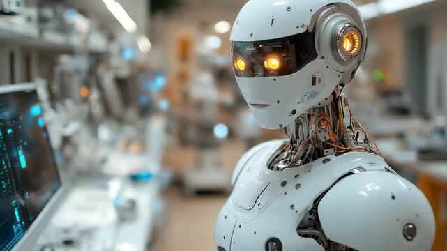 In a sleek laboratory filled with high tech equipment, an advanced robotic figure stands, equipped with glowing sensors and intricate mechanics, representing the future of artificial intelligence.