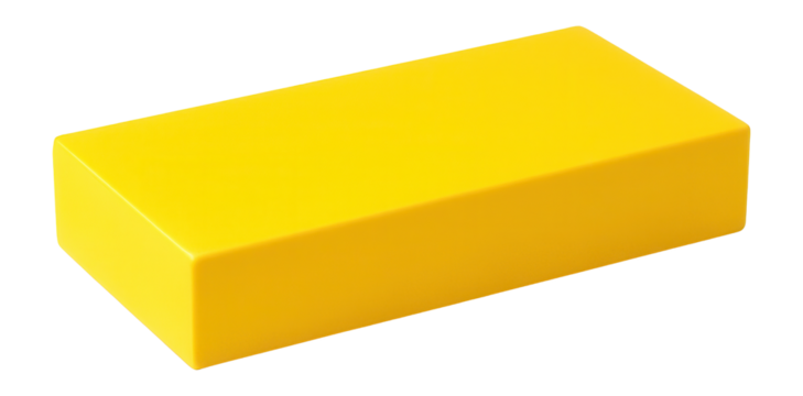 Solid yellow rectangular block with smooth surfaces and sharp edges on transparent background.