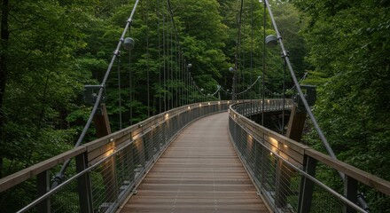 Obraz premium Elevated wooden bridge illuminated by lights amidst lush green forest canopy