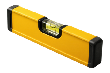 Yellow and black spirit level tool with a central bubble vial for precision measurement on transparent background.