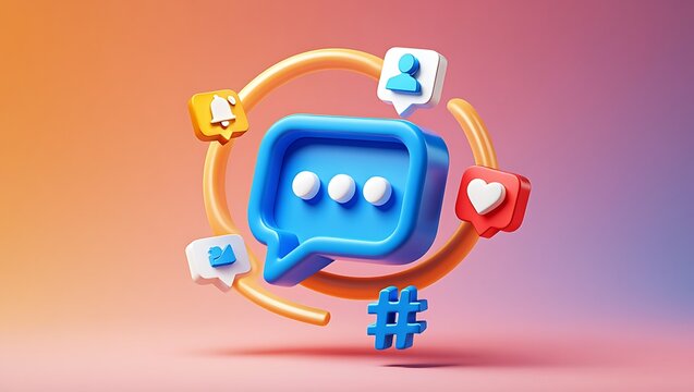Modern Social Media Communication Concept with 3D Rendered Icons Around Chat Bubble and Engagement Symbols for Digital Marketing - Powered by Adobe