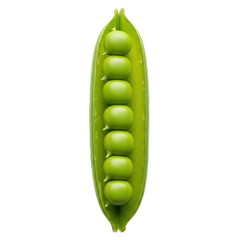 Vibrant green pea pod, freshly opened, revealing 7-8 plump bright green peas, isolated against a transparent studio background with soft bokeh, concept of natural freshness