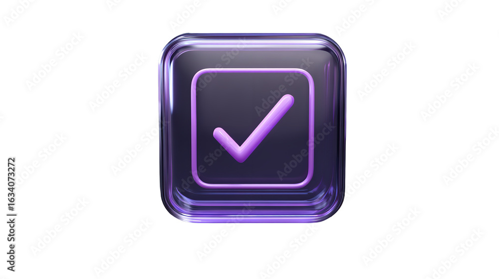 Poster shiny glass checkbox with purple checkmark isolated on transparent background