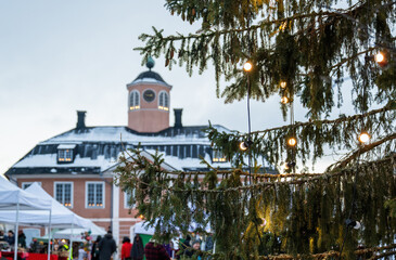 Christmas lights on tree branches with historical building in background at winter market