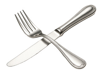 A stainless steel knife and fork set crossed and isolated on transparent background.