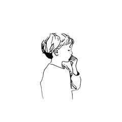 Vector a simple line drawing of a young boy with short hair, looking to the side and holding his hand to mouth minimilist