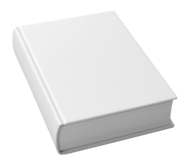 Closed plain white hardcover book with visible spine and pages on transparent background.