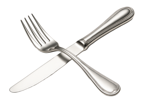 A stainless steel knife and fork set crossed and isolated on transparent background.